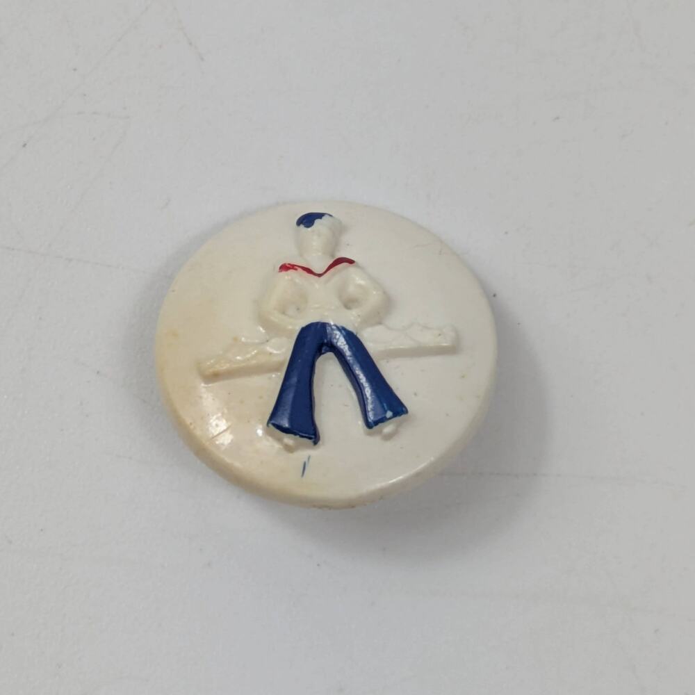 Vintage Celluloid Toy Button Sailor Figure Peg Back 1940s White Blue .75 Inch